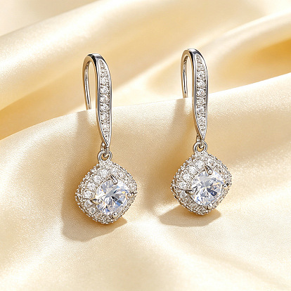 Brass Micro Pave Clear Cubic Zirconia Dangle Earrings for Women, Rhombus