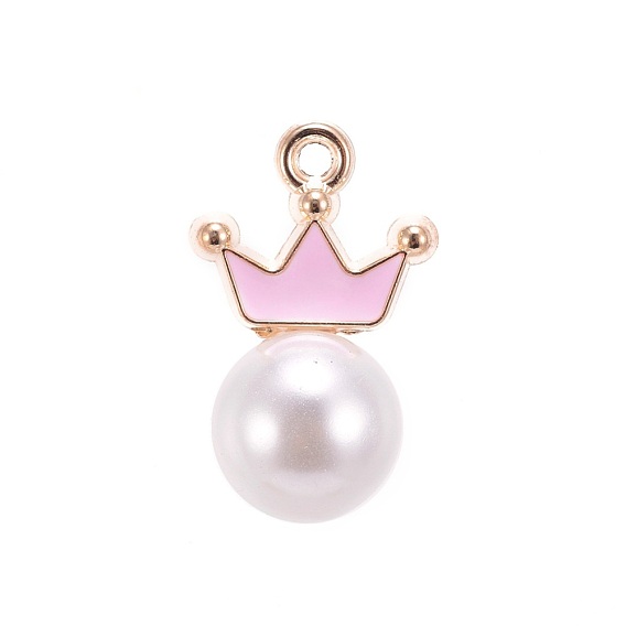 Golden Plated Alloy Pendants, with Enamel and Acrylic Imitation Pearl, Crown