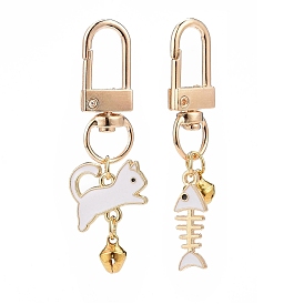 Cat & Fishbone Shape Alloy Enamel Charms Keychain, with Alloy Swivel Clasps and Bell
