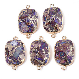 Assembled Bronzite and Synthetic Imperial Jasper Links Connectors, with Light Gold Plated Brass Edge and Iron Loops, Rounded Rectangle