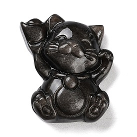 Natural Sliver Obsidian Pendants, Fortune Cat Charms