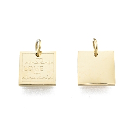Ion Plating(IP) 304 Stainless Steel Charms, with Jump Ring, Square with Word Love & Heartbeat