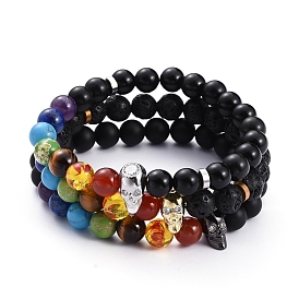 Chakra Jewelry, Gemstone Stretch Bracelets, with Skull Brass Micro Pave Cubic Zirconia Beads and Brass Spacer Beads