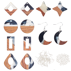Olycraft DIY Wooden Dangle Earring Making Kits, Including Moon & Geometry & Teardrop Resin & Walnut Wood Pendants, Brass Earring Hooks & Jump Rings