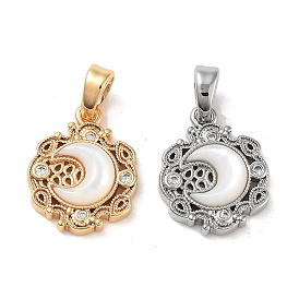 Brass Micro Pave Clear Cubic Zirconia Pendants, with Shell, Flower with Moon