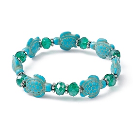 Synthetic Turquoise Turtle & Glass Beaded Stretch Bracelet