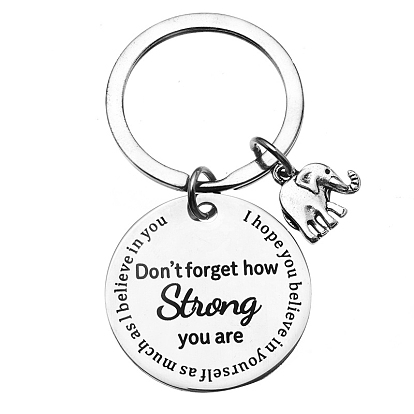 Stainless Steel Flat Round with Word Dont forget Strong Pendant Keychains, with Key Ring and Elephant Charm, for Bag Car Key Pendant Decoration