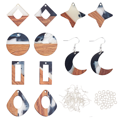 DIY Wooden Dangle Earring Making Kits, Including Moon & Geometry & Teardrop Resin & Walnut Wood Pendants, Brass Earring Hooks & Jump Rings