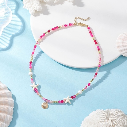 Ожерелья из латуни с подвесками из натурального окрашенного агата/амазонита круглой огранки, натурального культивированного пресноводного жемчуга и морской звезды с искусственным бирюзовым покрытием для женщин, золотые