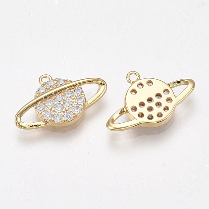 Brass Micro Pave Cubic Zirconia Pendants, Nickel Free, Real 18K Gold Plated, Planet, Universe Space Charms
