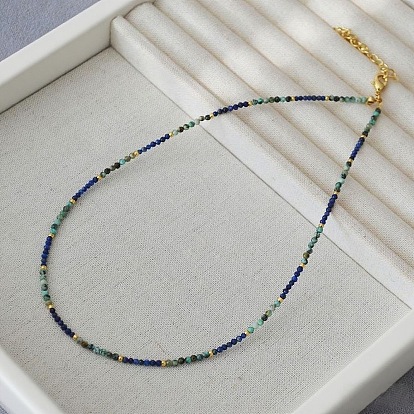 Collares redondos facetados de turquesa africana natural (jaspe) y lapislázuli con cadenas terminales de acero inoxidable.