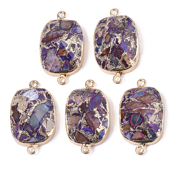 Assembled Bronzite and Synthetic Imperial Jasper Links Connectors, with Light Gold Plated Brass Edge and Iron Loops, Rounded Rectangle