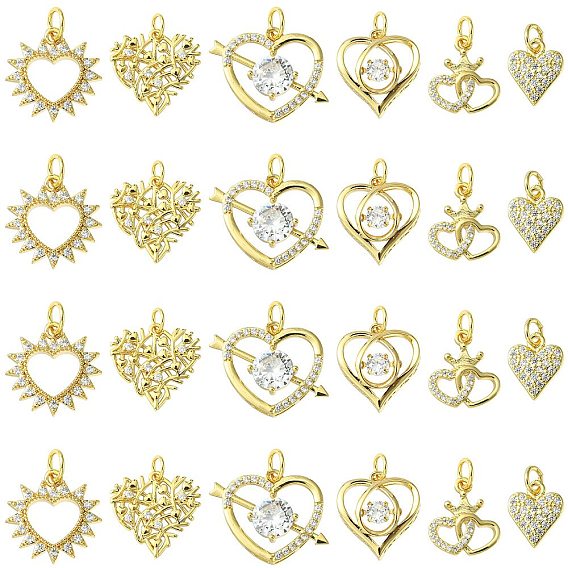 12шт 6 стили стойка покрытие латунь проложить подвески из кубического циркония, без свинца и без кадмия, с целью перехода в кольце, реальный 18 k позолоченный, долговечный, шарма сердца