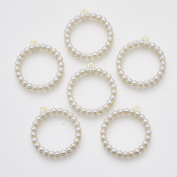 ABS Plastic Imitation Pearl Pendants, with Alloy Cabochon Settings, Round Ring