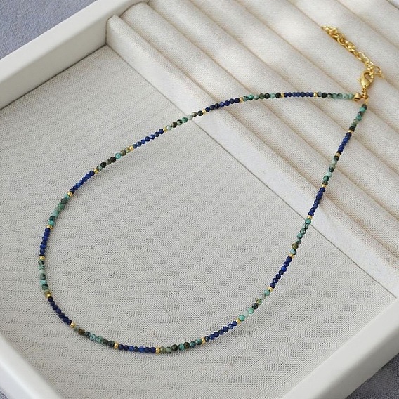 Colliers de perles rondes facettées en turquoise (jaspe) et lapis-lazuli naturels d'Afrique avec 304 chaînes d'extrémité en acier inoxydable