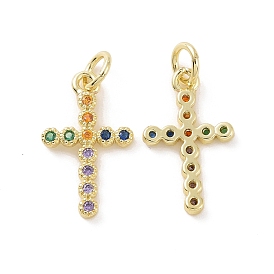 Brass Micro Pave Colorful Cubic Zirconia Pendants, with Jump Ring, Cross Charms