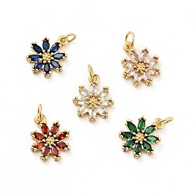 Rack Plating Brass Micro Pave Cubic Zirconia Charms, Long-Lasting Plated, Lead Free & Cadmium Free, Real 18K Gold Plated, Flower