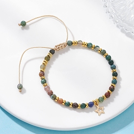 Звезды 201 из нержавеющей стали шарм браслеты, плетеные браслеты из круглых бусин из натуральных драгоценных камней для женщин, с плоскими круглыми латунными бусинами