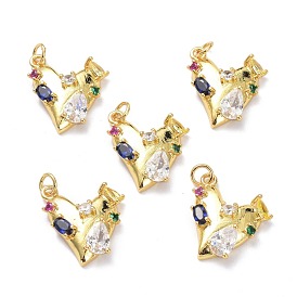 Brass Micro Pave Colorful Cubic Zirconia Pendants, with Jump Ring, Long-Lasting Plated, Heart