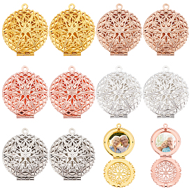 BENECREAT 10Pcs 5 Colors Brass Diffuser Locket Pendants, Picture Frame Charms for Necklace, Flat Round with Flower