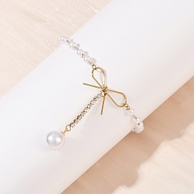 304 браслеты с подвесками из нержавеющей стали и кристаллов со стразами, браслеты из акриловых жемчужных бусин для женщин, бантом, ионное покрытие (ip)