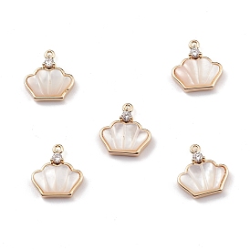 Natural Freshwater Shell Crown Charms, with Brass Crystal Rhinestone Findings