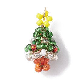 Christmas Theme Glass Seed Beaded Woven Pendants, with 304 Stainless Steel Jump Rings, Christmas Tree, Golden