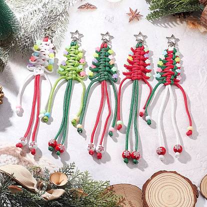 5шт. полиэстер и спандекс шнуры подвесные украшения для елки, с натуральными деревянными бусинами и поворотными застежками из сплава в форме звезды