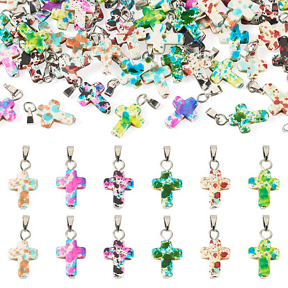60Pcs 6 Colors Synthetic Turquoise Pendants, with Brass Findings, Cross Charms