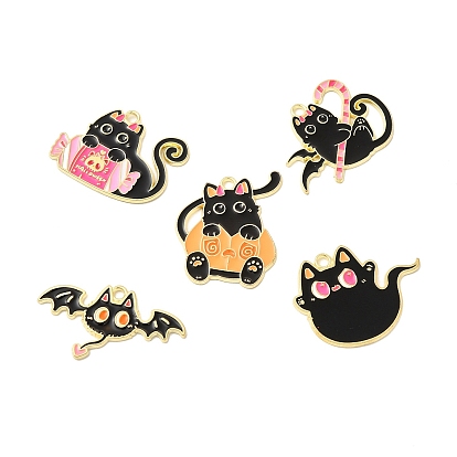 Halloween Theme Alloy Enamel Pendants, Light Gold, Cat with Candy/Cnady Cane/Pumpkin/Bat/Ghost Charm