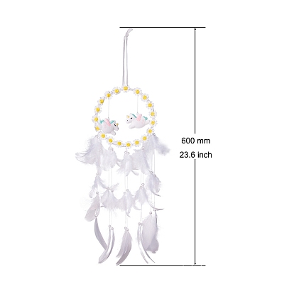 Woven Web/Net with Feather Pendant Decorations, with Plastic Unicorn Pendants for Home Hanging Decorations