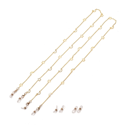 Chaînes de lunettes étoile et lune, tour de cou pour lunettes, avec chaînes à maillons en laiton faites à la main, fermoirs à pince de homard en alliage et extrémités de boucle en caoutchouc