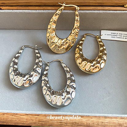 Pendientes de aro de hierro texturizado para mujer, oval