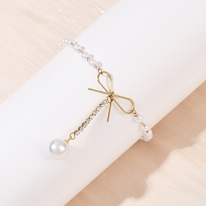 304 браслеты с подвесками из нержавеющей стали и кристаллов со стразами, браслеты из акриловых жемчужных бусин для женщин, бантом, ионное покрытие (ip)