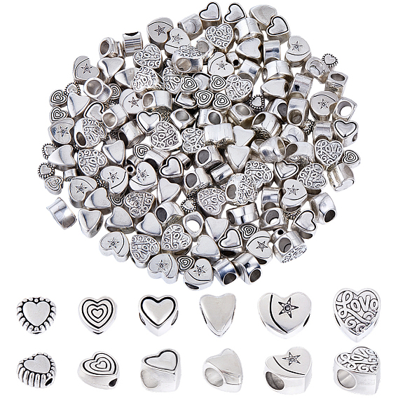 180шт 6 цвета тибетский стиль сплав европейские бусины, без кадмия и без свинца, сердце