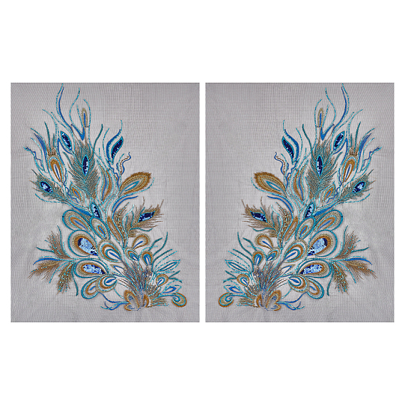 2 шт. 2 стили в форме павлиньего пера полиэстер вышивка пришитые цветочные аппликации, с пластиковыми пайетками, украшение для свадебного платья своими руками, Cheongsam