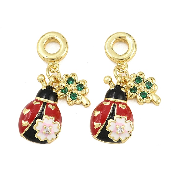 Европейские подвески-божьи коровки из латуни с красной и черной эмалью, подвески с большим отверстием в виде божьей коровки и клевера, с зеленым стеклом