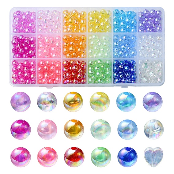 526Pcs 18 Style Transparent Acrylic Beads, AB Colors Plated, Round & Heart
