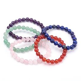 Natural Gemstone Beads Stretch Bracelets, with Burlap Bags