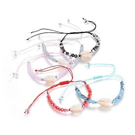 Nylon cordon tressé bracelets de perles, avec perles de verre rondelles à facettes en verre galvanisé et coquille