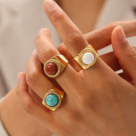 Круглое кольцо с натуральными и синтетическими драгоценными камнями, широкий манжет из нержавеющей стали для женщин, реальный 18 k позолоченный