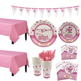 Paper Disposable Tableware Sets for 16 Guests, Including Banner, Plate, Teacup, Tissue, Knives, Forks, Spoons, Tablecovers, Baby Girls' Shower Party Supplies