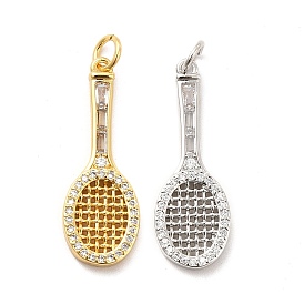 Rack Plating Brass Cubic Zirconia Pendants, Tennis Racket Charms, Long-Lasting Plated, with Jump Rings, Cadmium Free & Lead Free