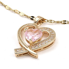 Heart Light Gold Brass Micro Pave Cubic Zirconia Pendant Necklaces, with Glass