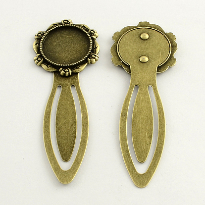 Iron Bookmark Cabochon Setting, with Alloy Flat Round Tray, Cadmium Free & Lead Free, 79x28x3mm, Tray: 20mm