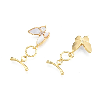 Brass Toggle Clasps, with White Shell and Crystal Rhinestone, Butterfly