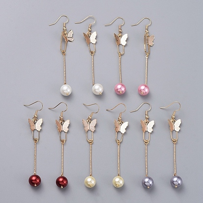 Dangle Earrings, with Glass Pearl Round Beads, Iron Bar Links, Brass Pendant and Earring Hooks, Butterfly & Oval