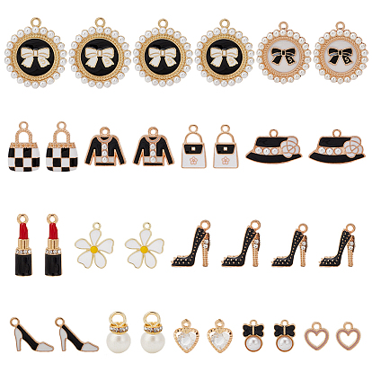 32 шт 16 стиль сплава эмаль подвески, с имитацией жемчужно-белых пластиковых/смоляных бусин, со стразами, одежда и сумка и цветок