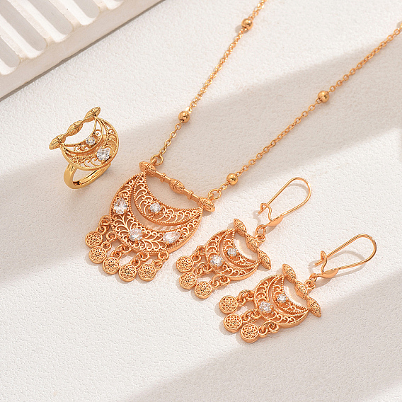 Комплекты серег, ожерелий и колец в этническом стиле с прозрачными кубическими циркониями и лунообразными кристаллами из латуни с микропаве для женщин