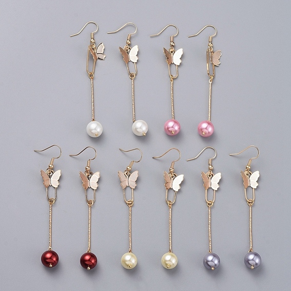 Dangle Earrings, with Glass Pearl Round Beads, Iron Bar Links, Brass Pendant and Earring Hooks, Butterfly & Oval